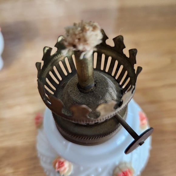 Vintage Milk Glass Oil Lamp With Petite  Pink Rose Decor Made In Japan - Picture 6 of 7